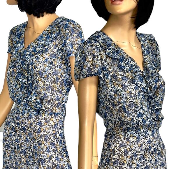 Y2k Midi Dress 8 Sheer Ditsy Floral Chiffon Ethereal Fairy WhimsiGoth Ruffle MSK - Picture 13 of 16